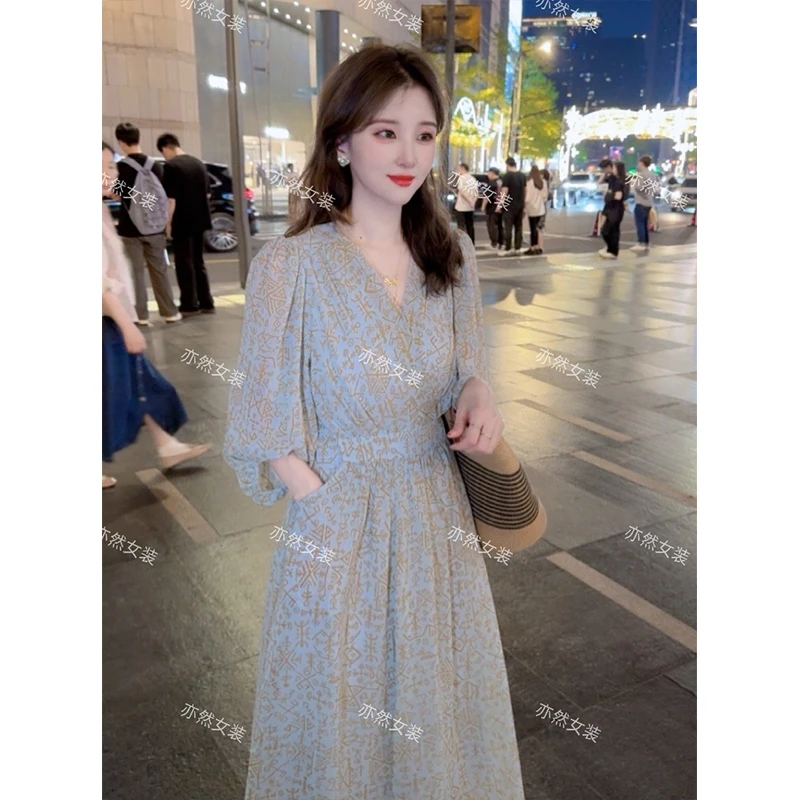 海盐蓝韩版宽松连衣裙显瘦高级感气质中长裙