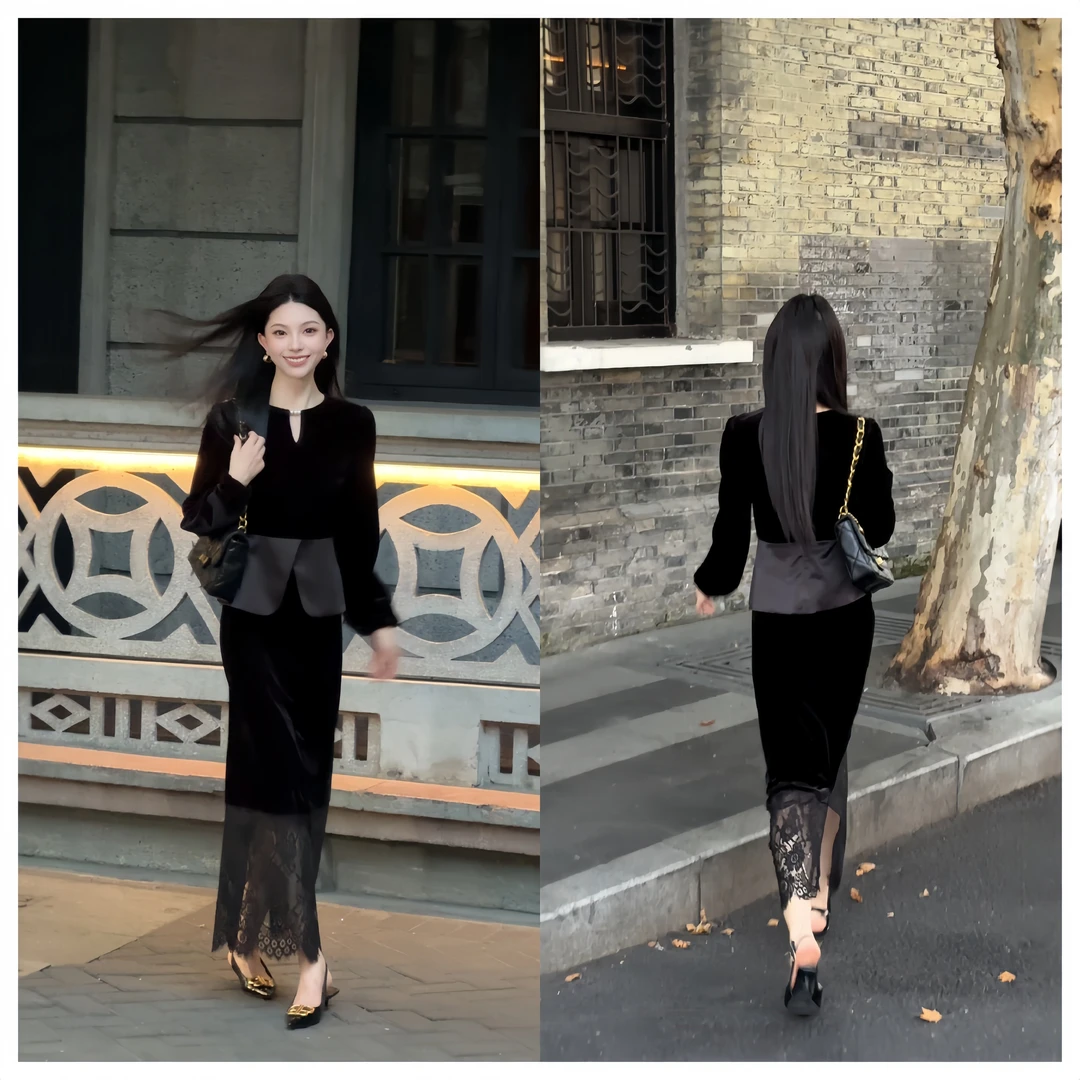 2025秋季新款气质女装小香风套装丝绒裙两件套