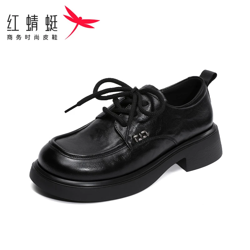 红蜻蜓头层牛皮圆头系带轻奢手抓纹小皮鞋粘胶粗跟商务时尚乐福鞋