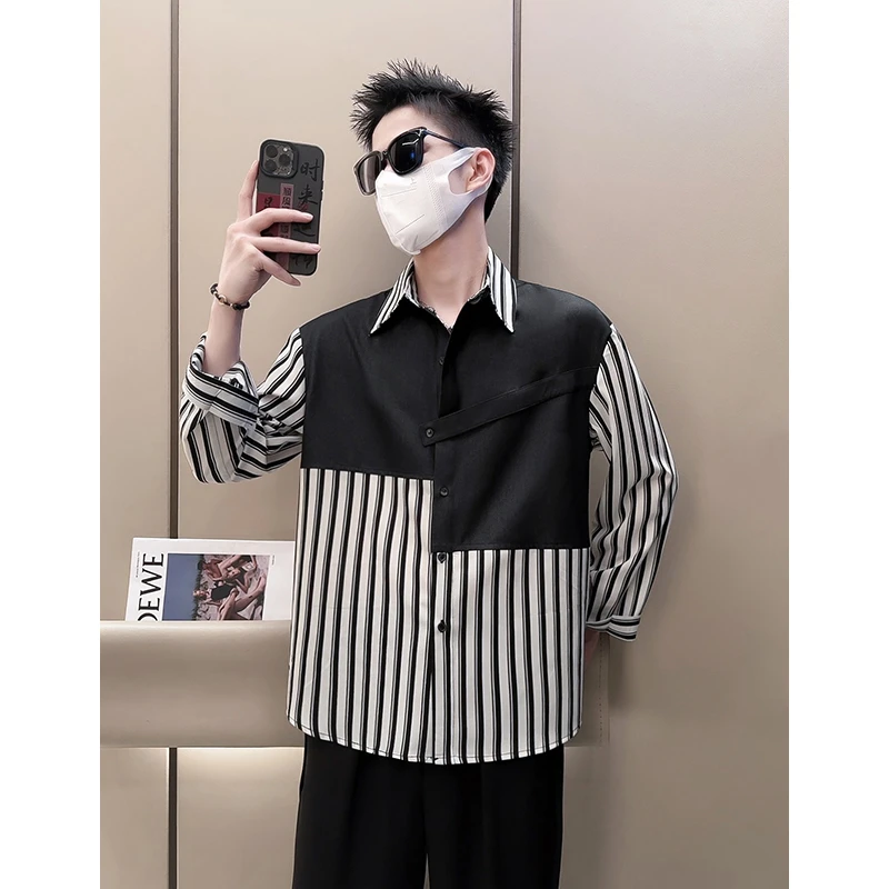阿航男装 春夏新款设计感拼接假两件潮流时尚痞帅衬衫宽松休闲男