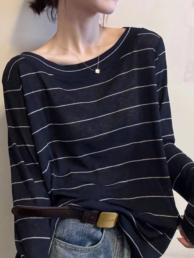 藏青色条纹长袖T恤女2025早秋新款斜肩设计感微透面膜打底衫上衣
