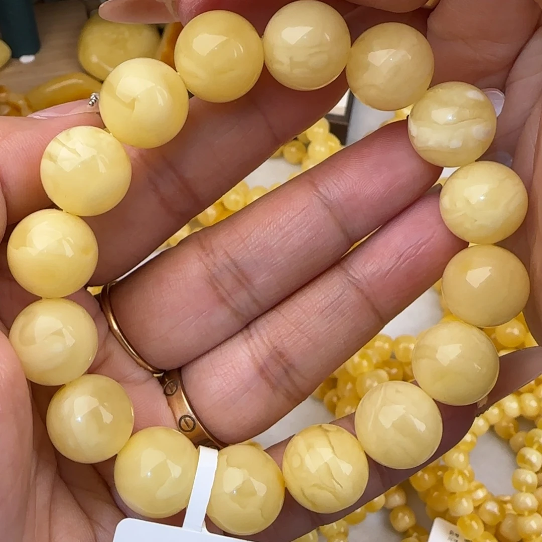蜜蜡未镶嵌手链白花圆珠手串