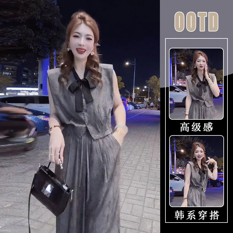 韩系穿搭时尚套装女装夏季新款高级感蝴蝶结无袖上衣阔腿裤两件套
