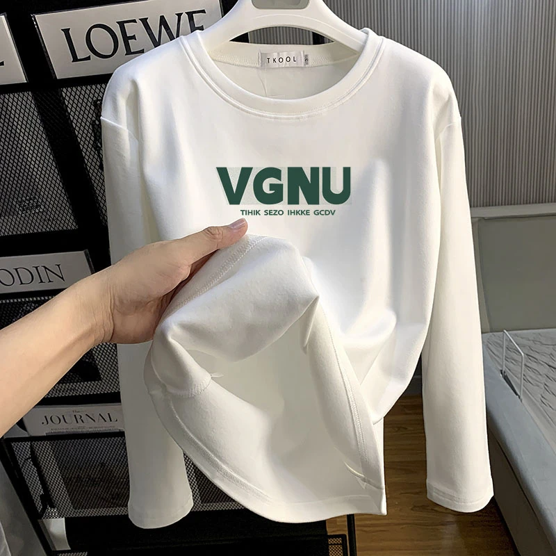 德绒圆领长袖T恤套头ins内搭韩版休闲潮流保暖加厚打底衫白色上衣