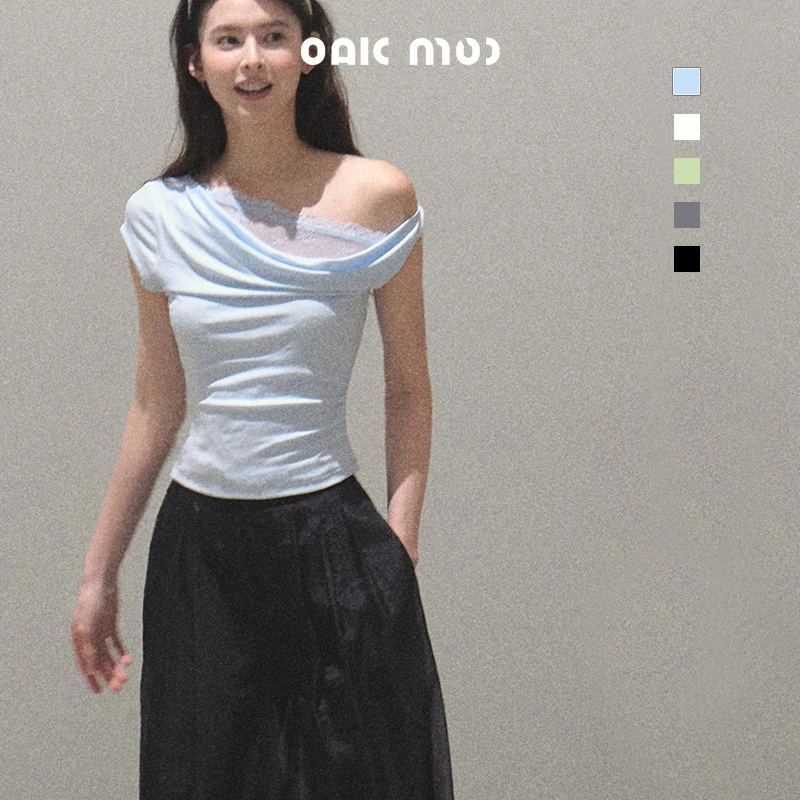 OAKMOO/"恋爱的季节"纯欲冬季斜肩荡领白色针织T恤修身显瘦百搭