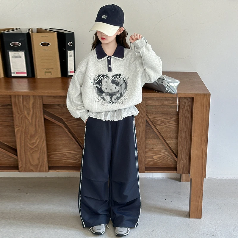 女大童卫衣套装2025新款休闲甜美KT猫蝴蝶结POLO衫上衣春秋两件套