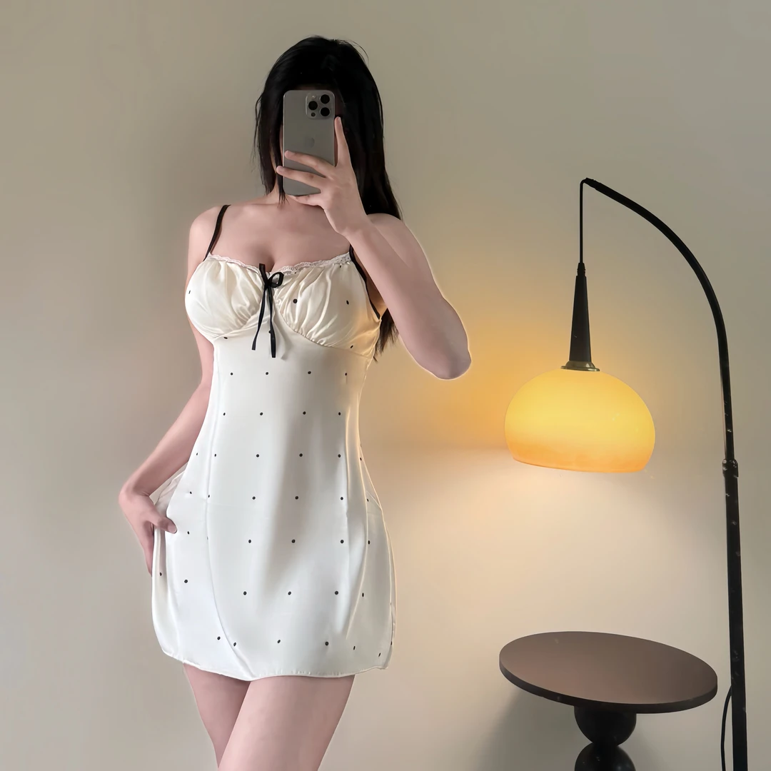 性感甜美薄款蕾丝连衣裙夏日印花吊带睡衣吊带蝴蝶结带胸垫战袍