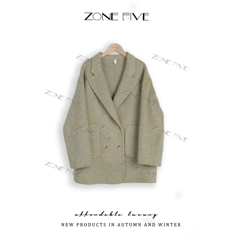 【zonefive】新款双面呢大衣女短款枪驳领双排扣显瘦宽松8501