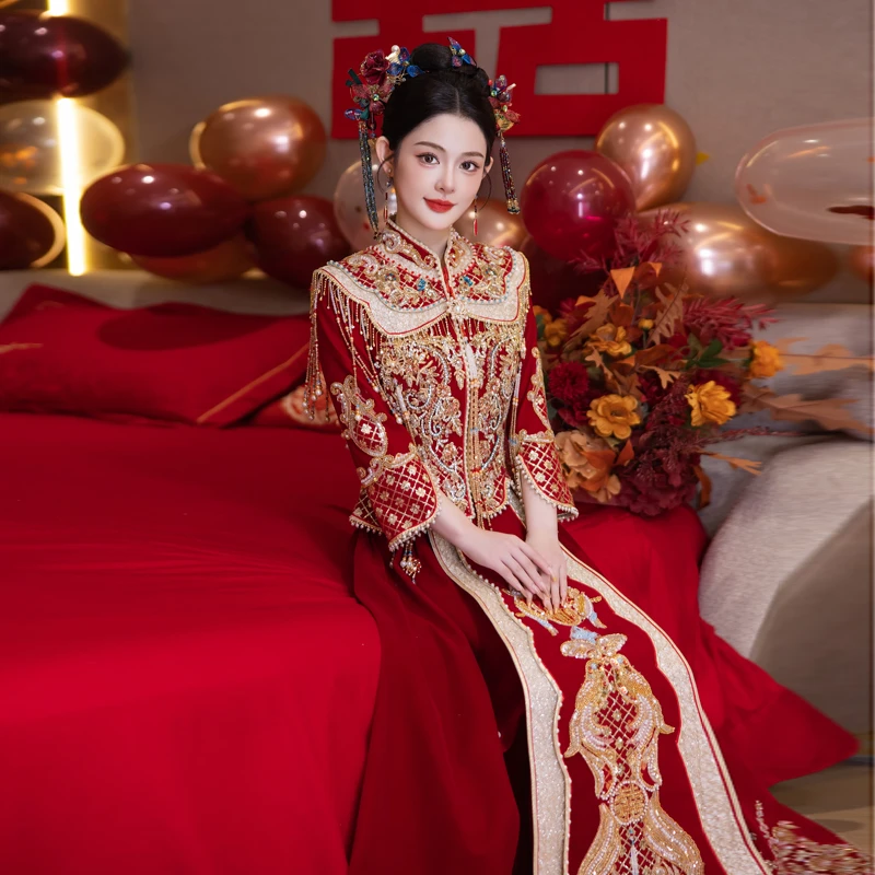 重工结婚秀禾服大码显瘦胖mm200斤中式出阁婚服新娘嫁衣高级丝绒