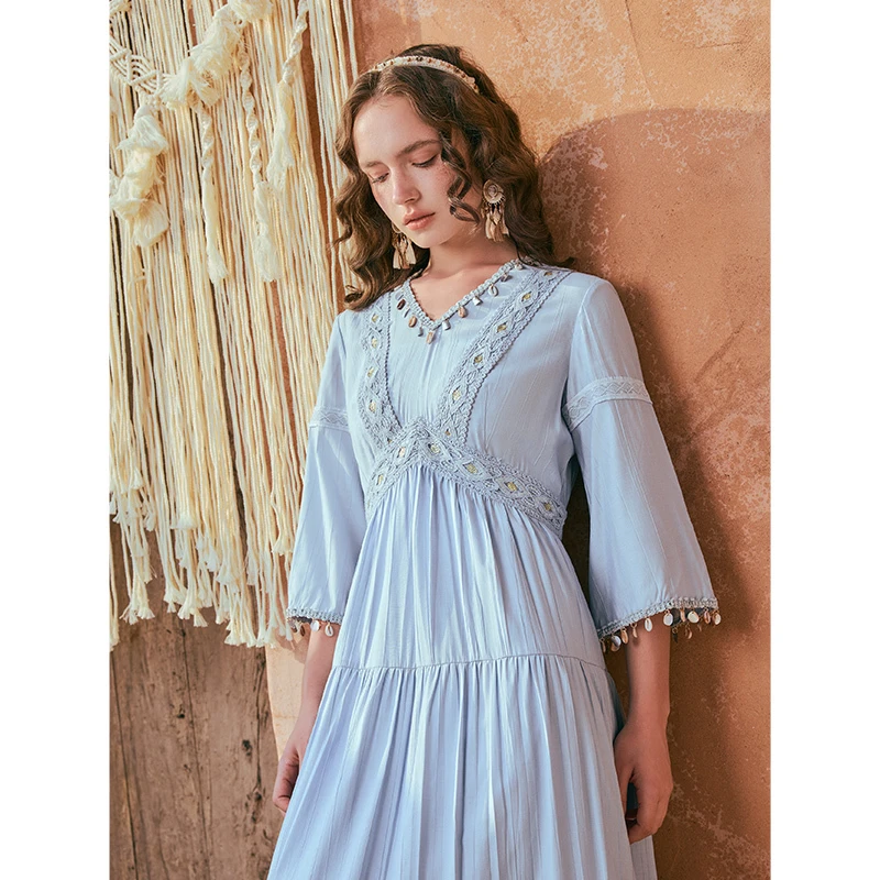 两三事 水星纪  贝壳亮片织带喇叭袖连衣裙S25XLY231