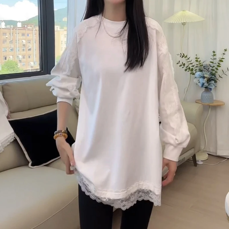 秋款时尚百搭白色休闲宽松袖子蕾丝卫衣LK2506857