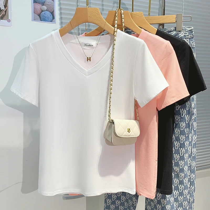 白色V领纯棉短袖T恤女夏季韩版宽松休闲纯色半袖时尚百搭打底上衣
