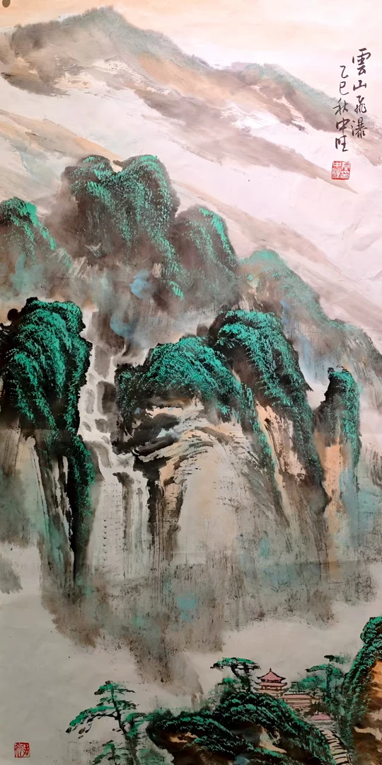 山水国画《云山飞瀑》尺寸：100*50（厘米）宣纸装饰画
