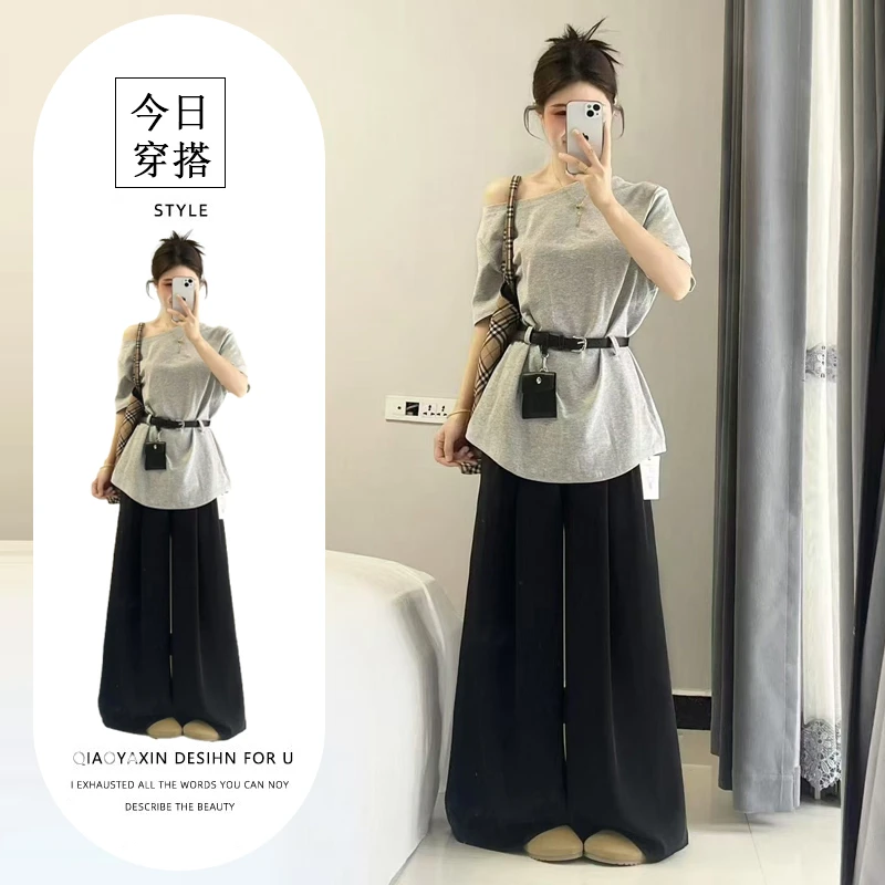 2025超火穿搭一整套夏季韩系高级感斜肩短袖T恤阔腿休闲裤两件套