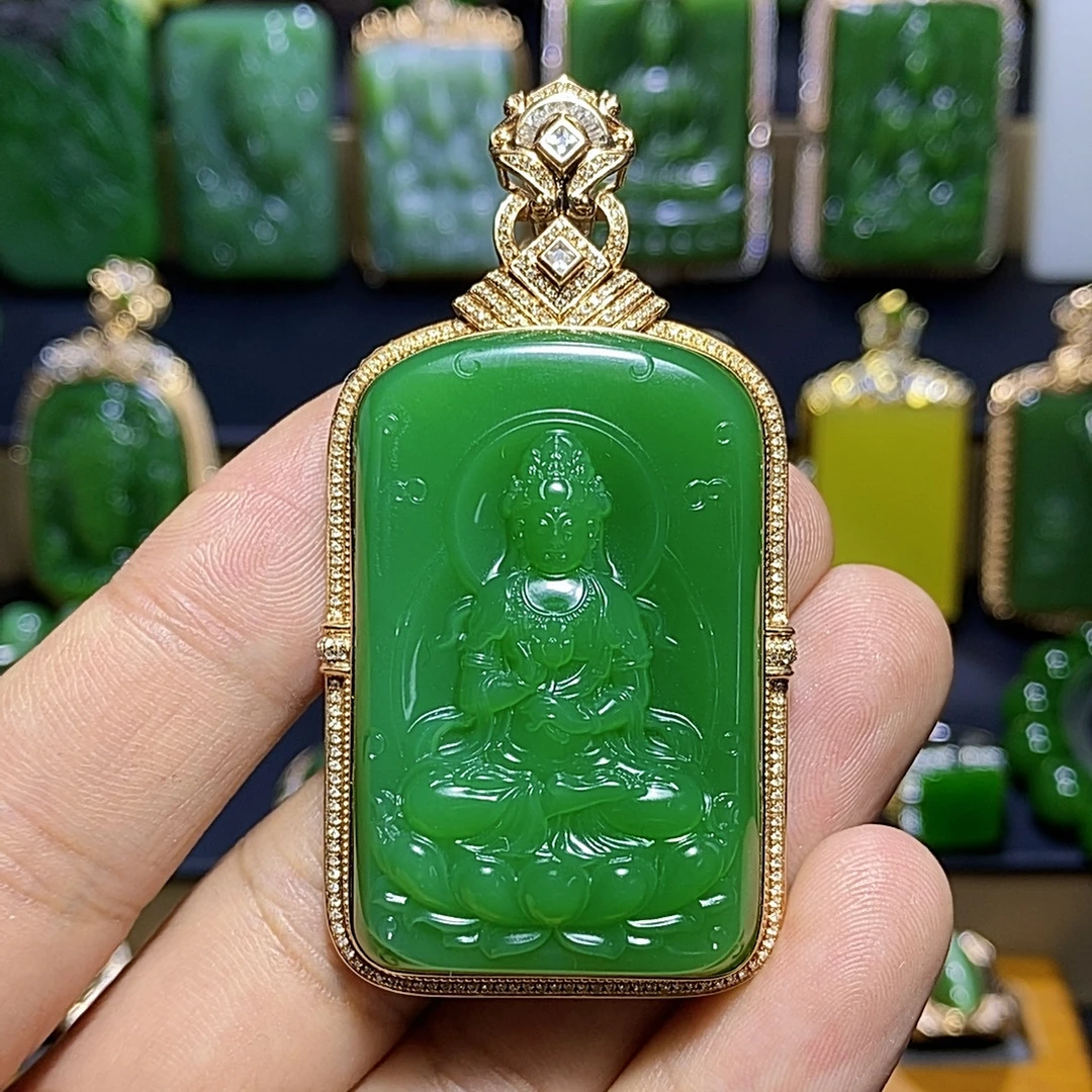 【玉人生珠宝】官方正品精品和田玉俄碧粉绿高色肉底18K观音吊坠