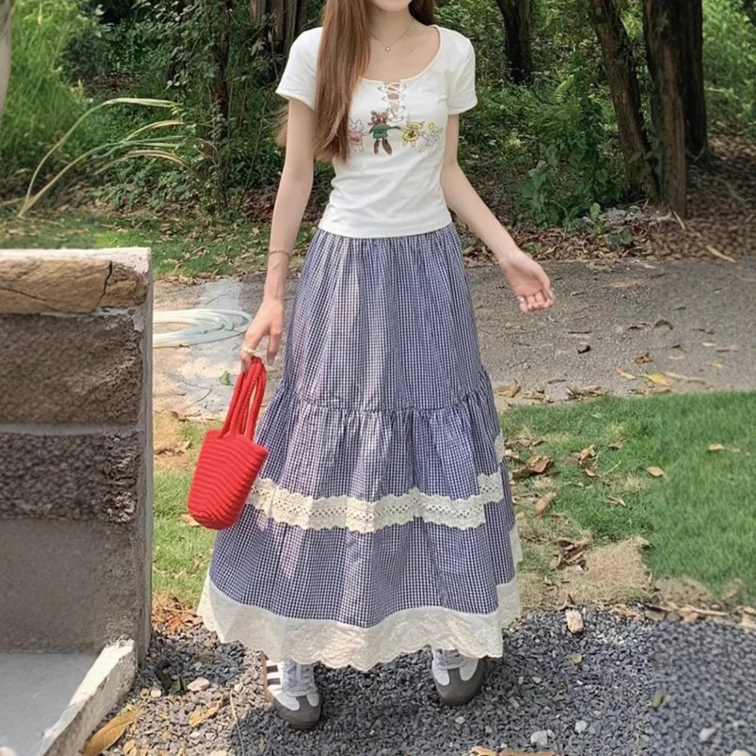 复古韩风蕾丝拼接显瘦高腰半身蛋糕裙春夏设计感格子大摆女
