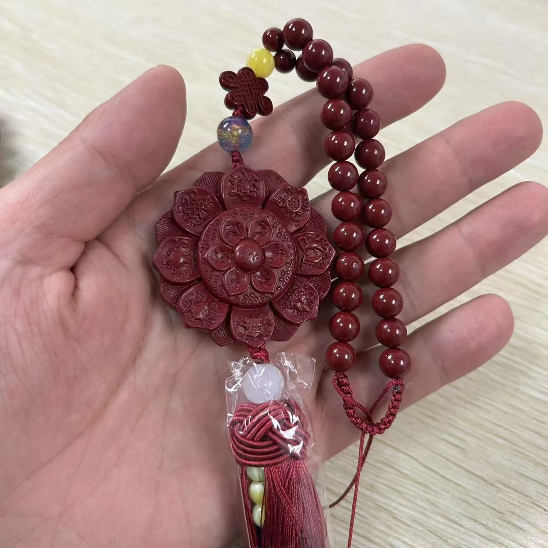 含辰砂工艺品精品设计双面雕刻八宝莲花车挂