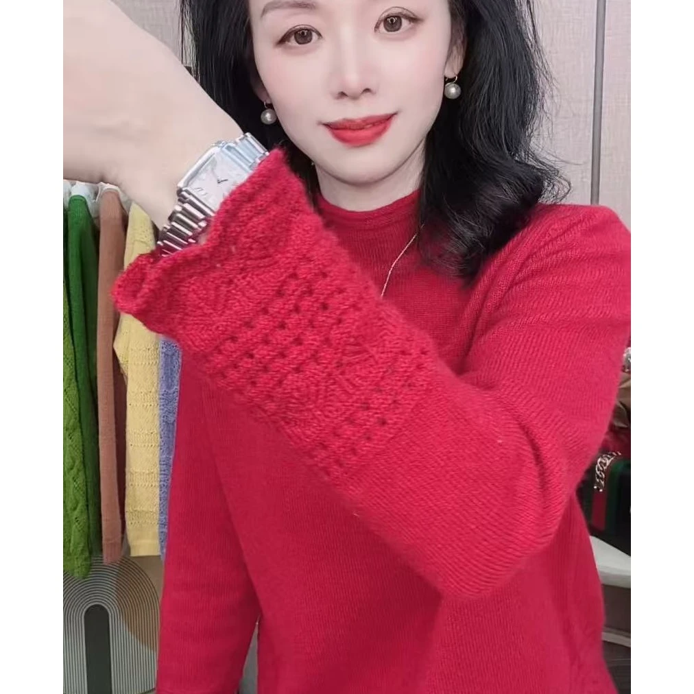 秋冬女士新款纯色立领钩花镂空长袖百搭宽松显瘦针织打底毛衣女