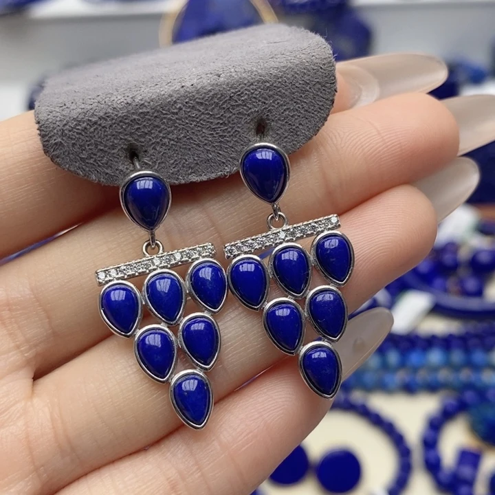 青金石银S925镶嵌耳饰