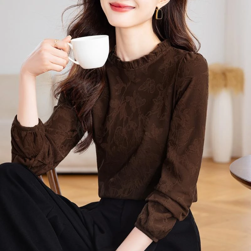 法式木耳领提花衬衫女秋冬新款时尚百搭加绒保暖打底衬衣气质上衣