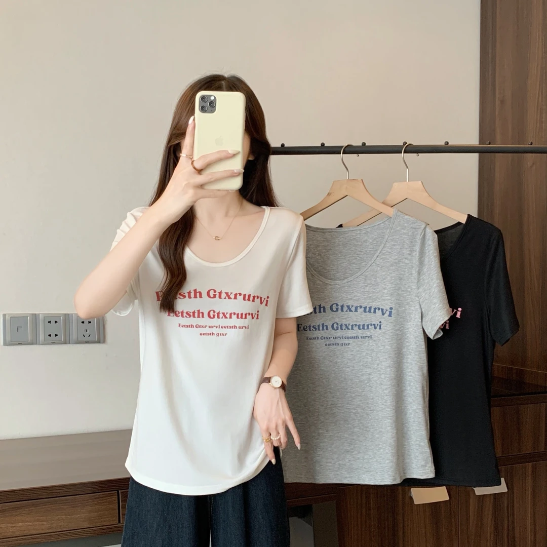 清长大码夏季胖mm简约字母印花正肩短袖T恤休闲百搭圆领上衣64330