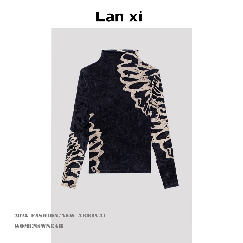 丝绒半高领早秋新款打底时尚气质修身显瘦上衣减龄印花长袖6