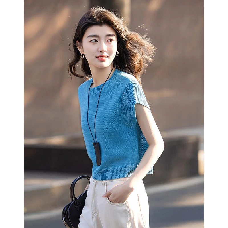 薄款冰丝针织短袖t恤女夏季2025年新款设计感正肩时尚气质短上衣