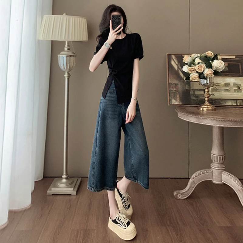 女夏穿搭时尚气质套装圆领不规则开叉设计短袖阔腿牛仔中裤两件套