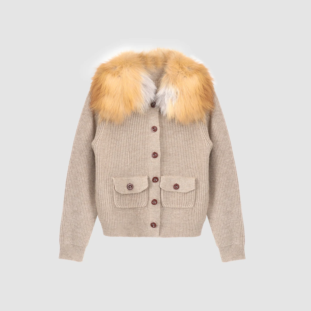 喜发发studio 詹詹同款小众时尚微修身狐狸毛针织开衫