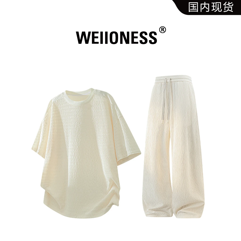 WEIIONESS肌理感短袖t恤套装男款2025夏季时尚两件套轻奢痞帅男装