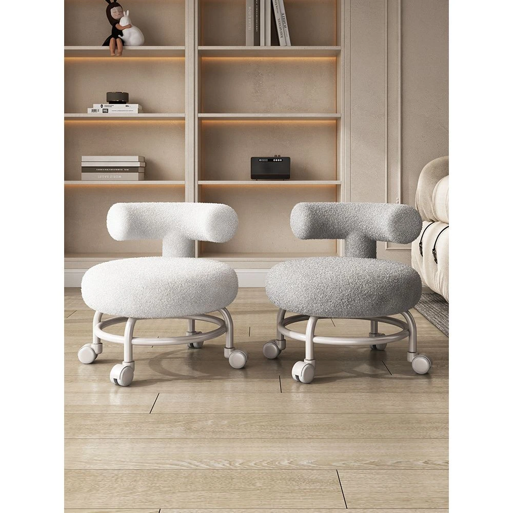 滑轮矮凳轻奢家用静音带娃多用可移动靠背羊羔毛滚轮矮凳学步凳子