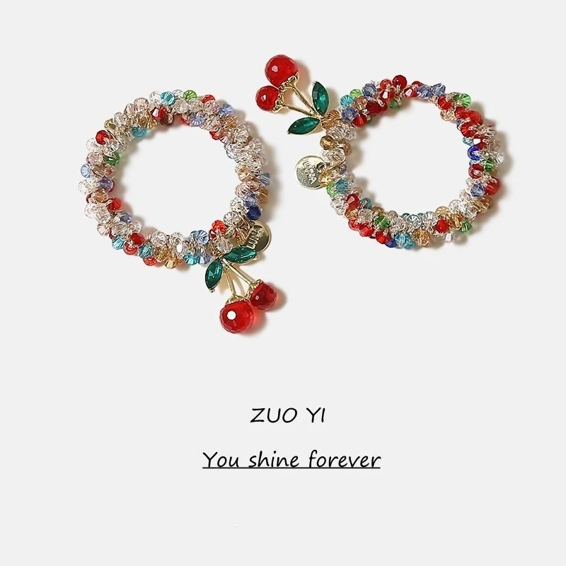 韩国水钻彩色水晶手链两用发圈发绳樱桃皮筋扎马尾头饰可爱百搭