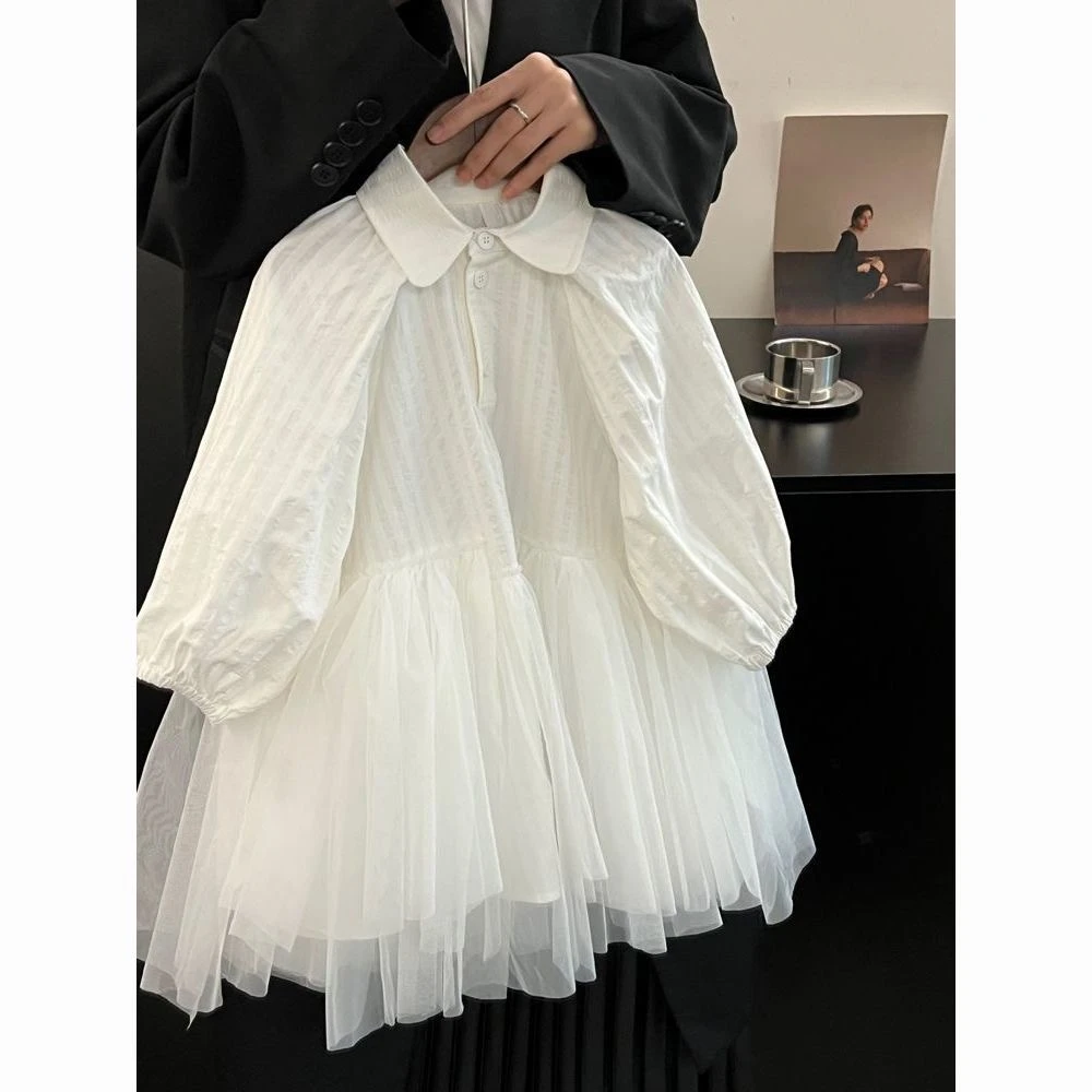 女童连衣裙2025春季洋气新款儿童拼接网纱裙子宝宝气质纯色衬衫裙