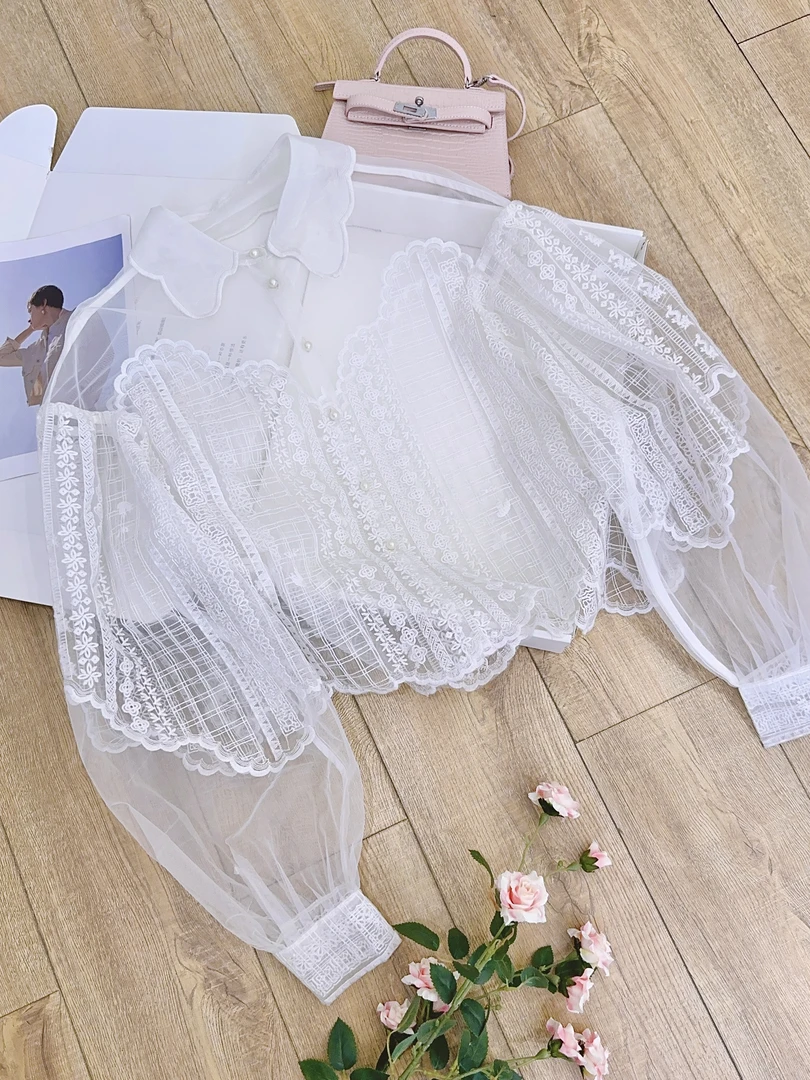琳心丨夏季新款白色蕾丝长袖绣花衬衫 5637