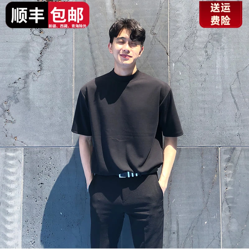 半高领男士短袖t恤纯色打底立领韩版宽松ins潮牌潮流半袖男生上衣