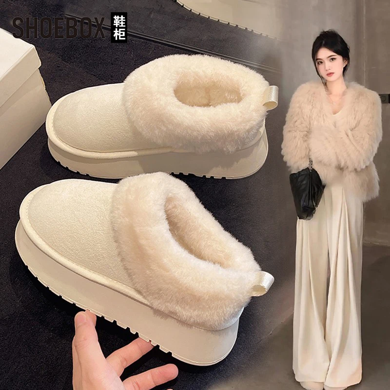 SHOEBOX鞋柜白色雪地靴女2025新款冬加绒皮毛一体厚底毛毛鞋棉鞋