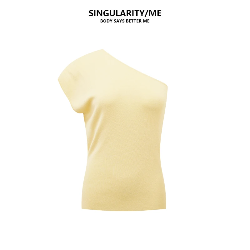 Singularity Me 3A N 5668 鹅黄色天丝羊毛斜肩露肩针织背心上衣