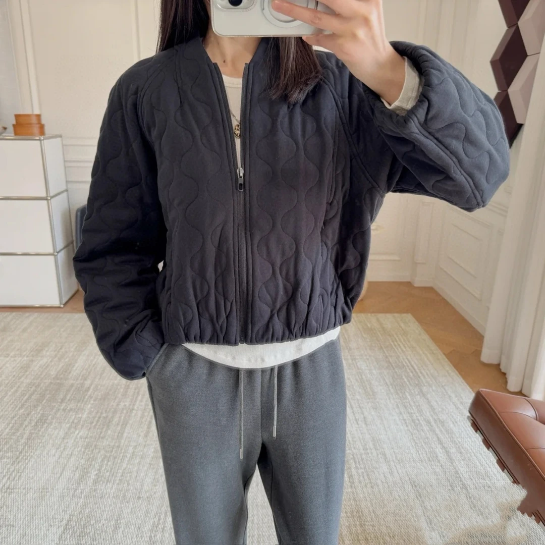 女士外贸Lu家黑色棒球领秋冬保暖气质收腰飞行员夹克棉服外套