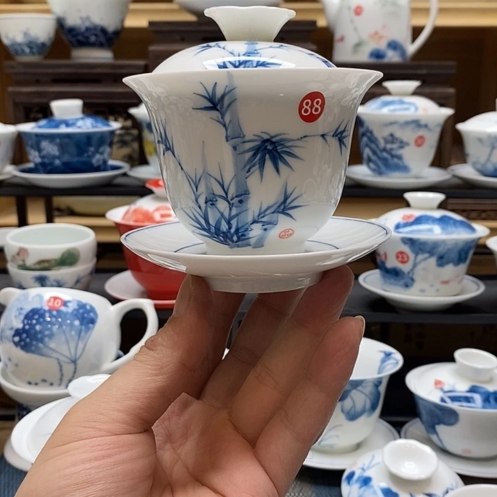 手绘微瑕竹子盖碗