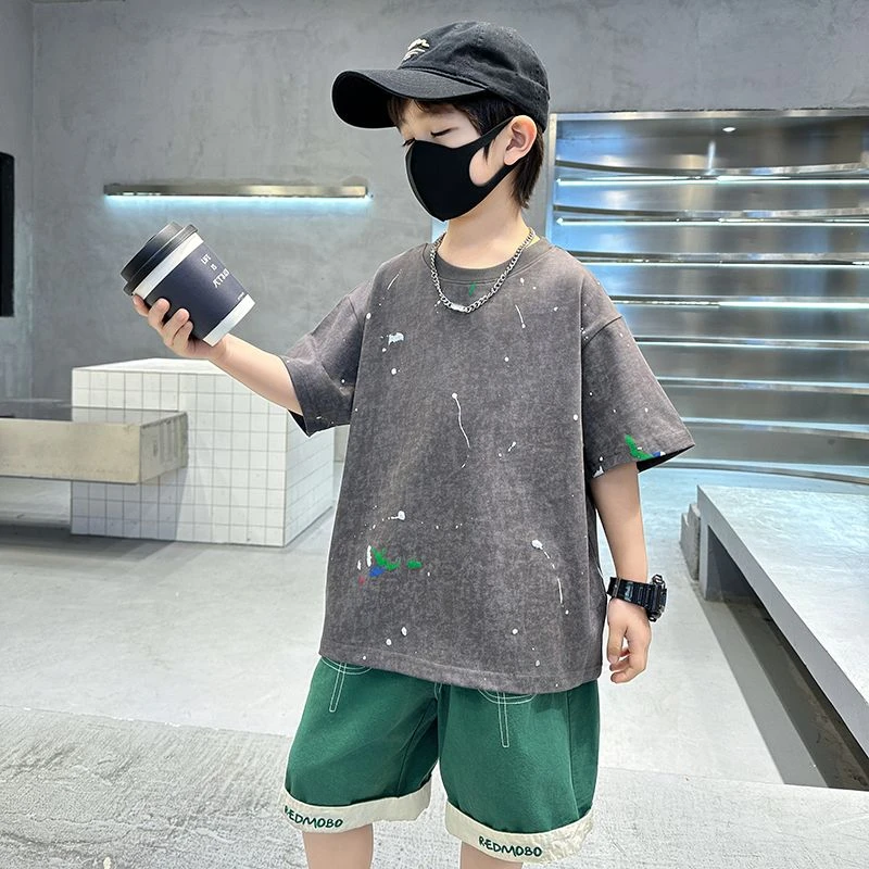 薄款男童纯棉洋气短袖T恤上衣时尚休闲字母印花圆领宽松潮牌男孩