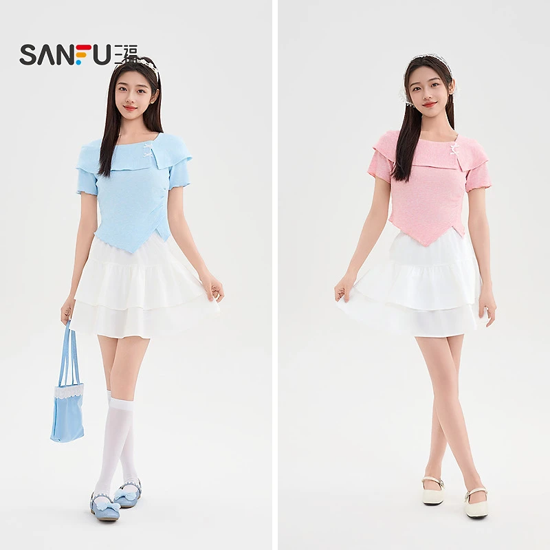 三福时尚针织套装2025夏季甜美收腰上衣半裙蝴蝶结裙装女装501389