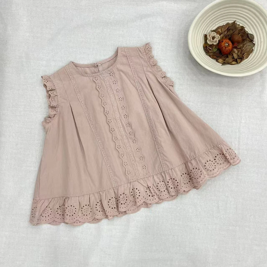 〖姐姐家〗2025夏款穿搭镂空蕾丝无袖粉色娃娃衫衬衫bt275 26912