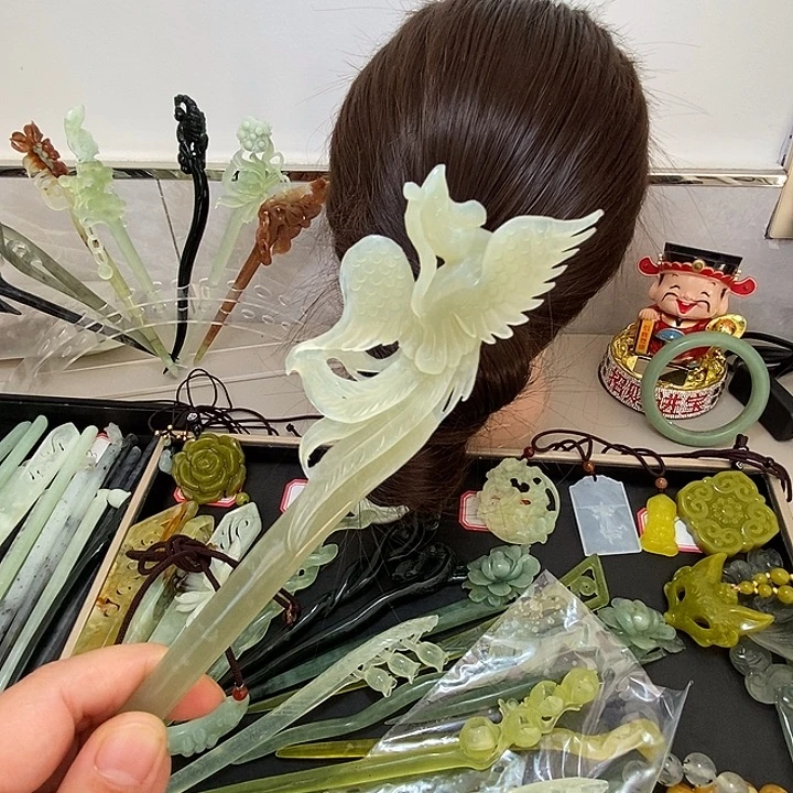 阿***叶蛇纹石玉合金发饰凤凰