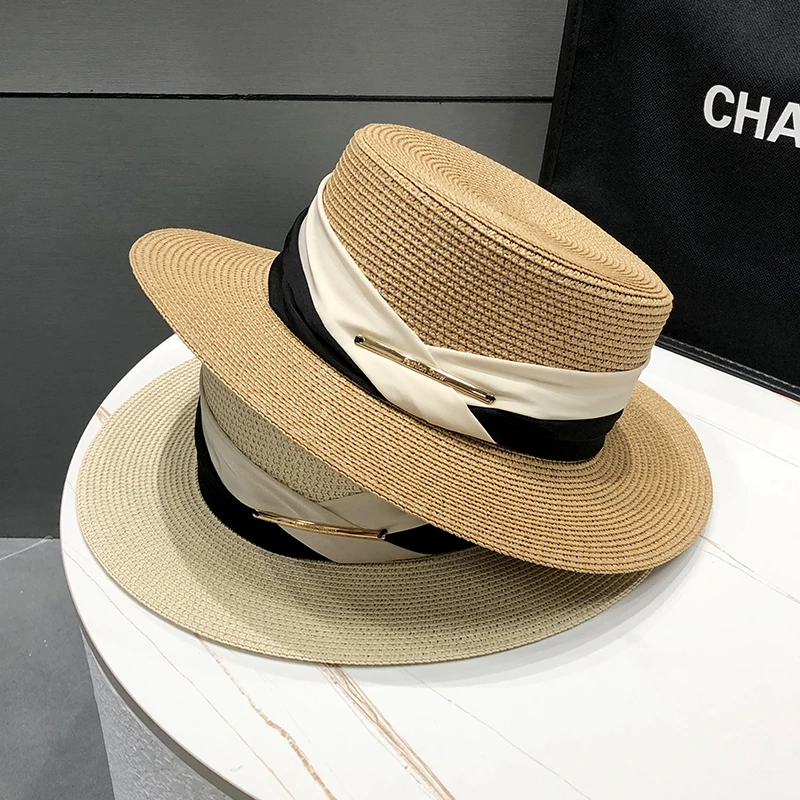 Miss Silas名媛风法式平顶礼帽女士草编透气防晒遮阳草帽沙滩凉帽