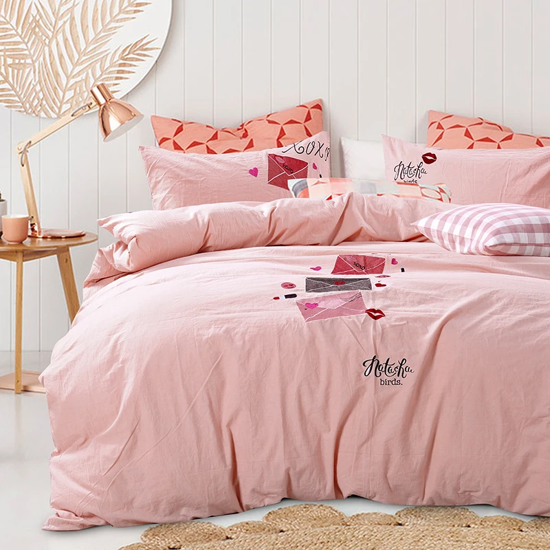 全棉水洗棉刺绣四件套纯色简约纯棉套件