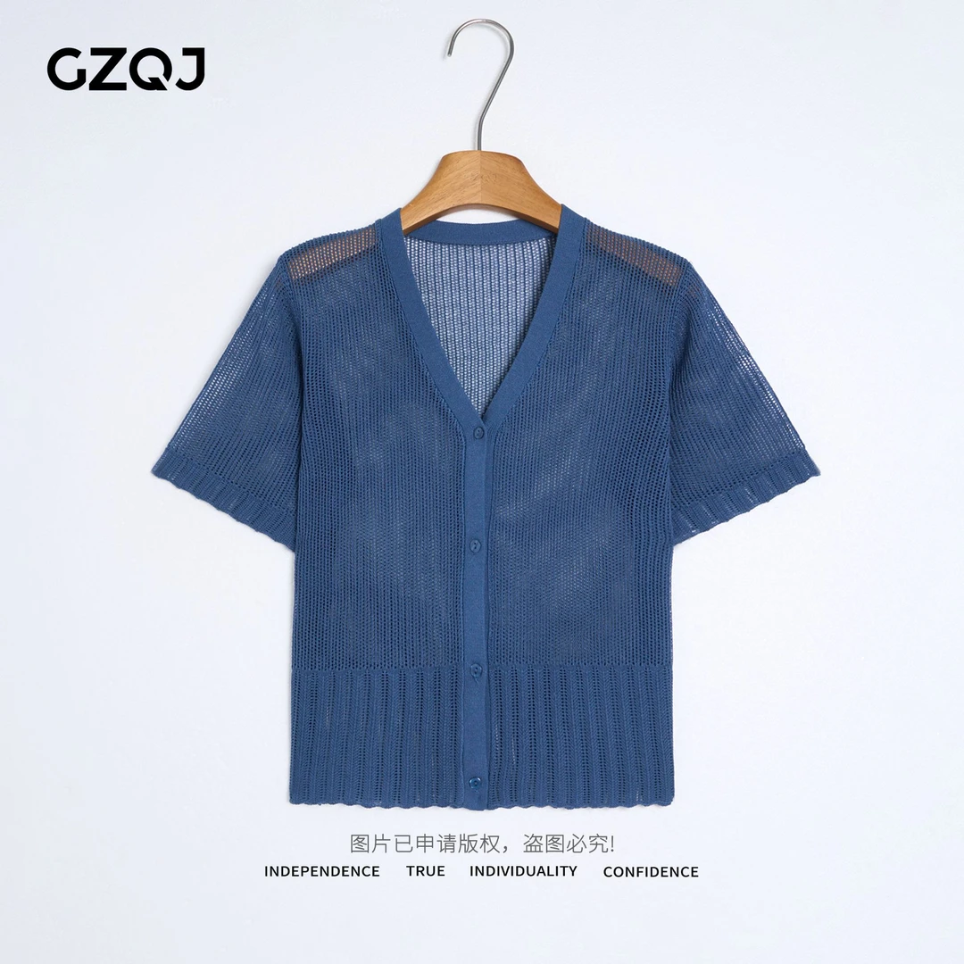 老琴私服【星幕织语】欧若风韩系百搭镂空V领针织开衫短袖女夏3269