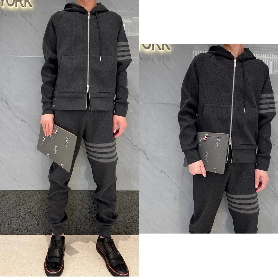 秋冬款学院风华夫格外套亖杠连帽拉链帽衫外套男女同款休闲百搭