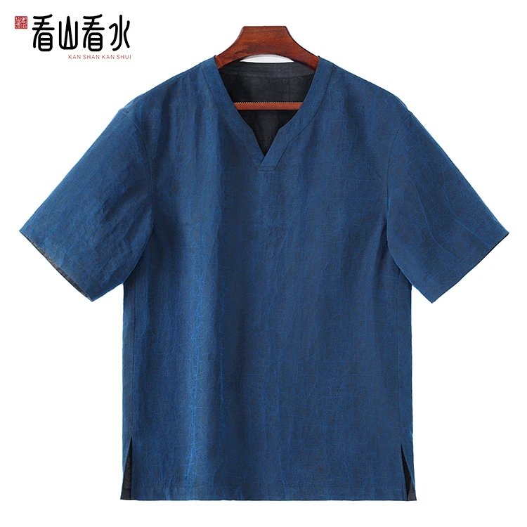 【看山看水】99488香云纱男装桑蚕丝龟裂纹V领短袖T恤新中式上衣