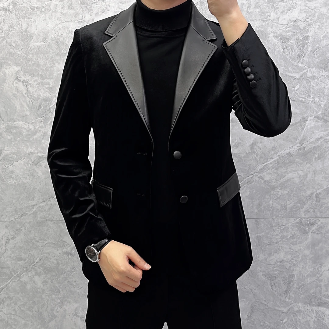 轻奢风秋季男士金丝绒拼绵羊皮领西服外套8101西装上衣