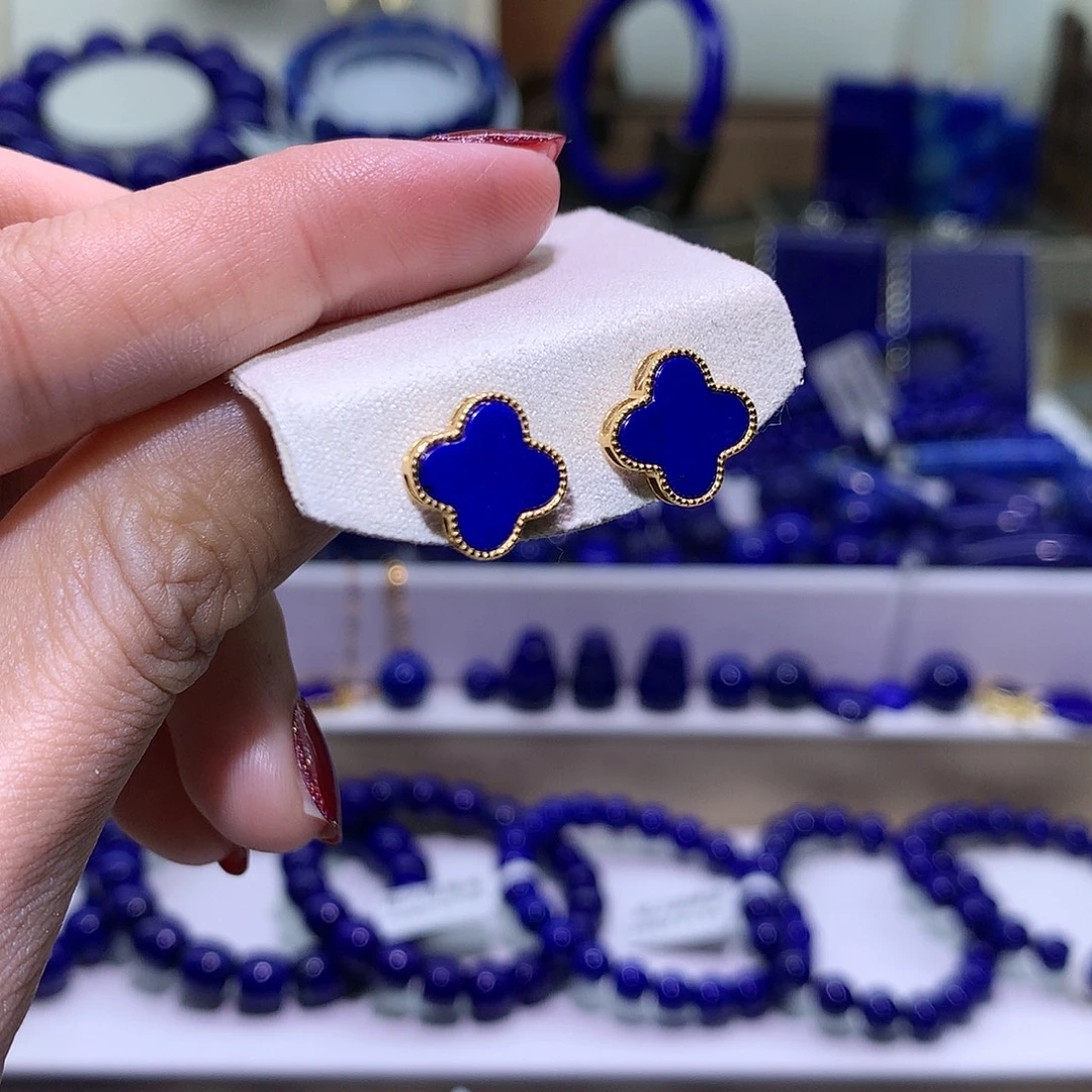 青金石银S925镶嵌天然原矿耳钉